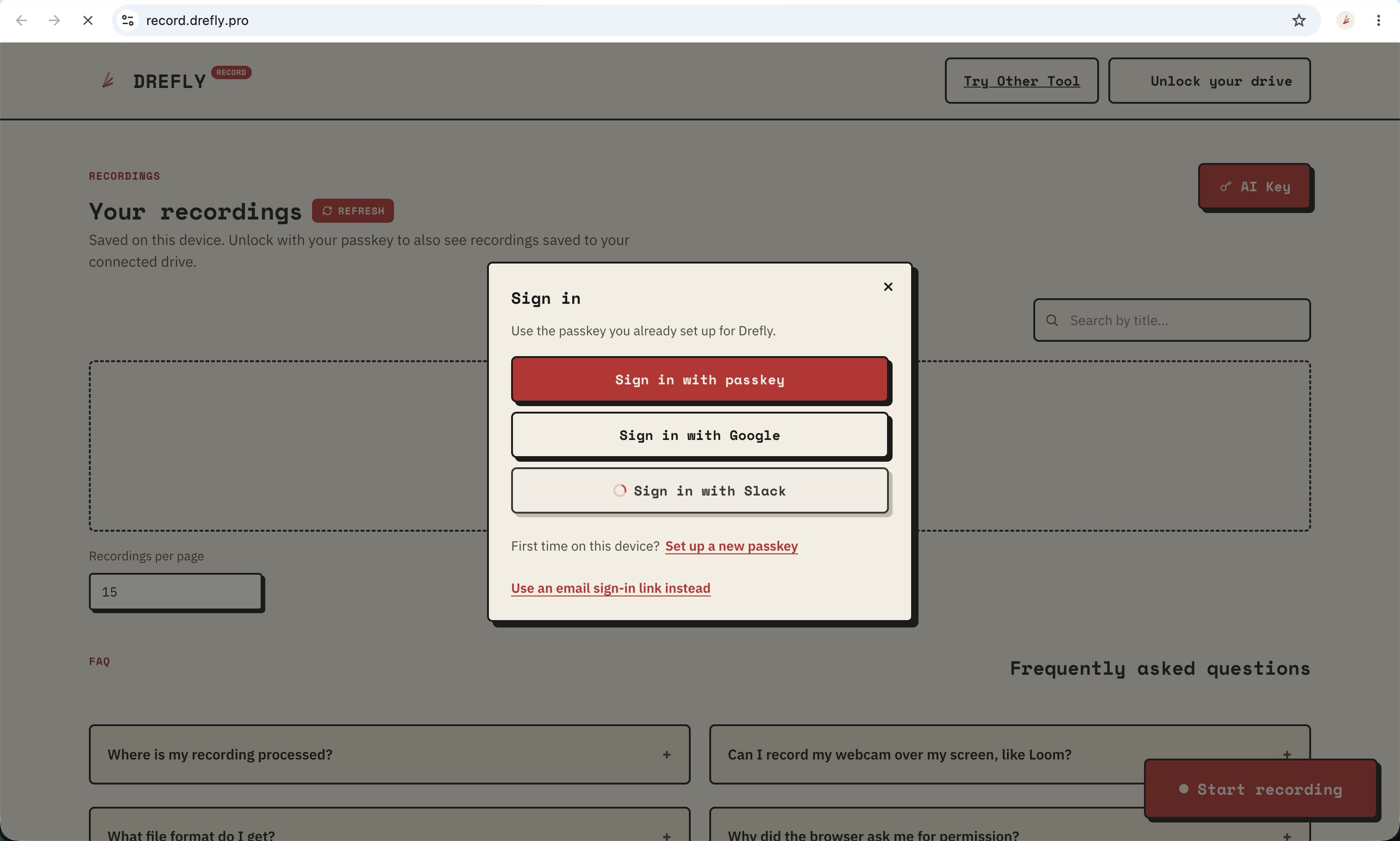 The Sign in with Slack option on the Drefly sign-in screen at record.drefly.pro