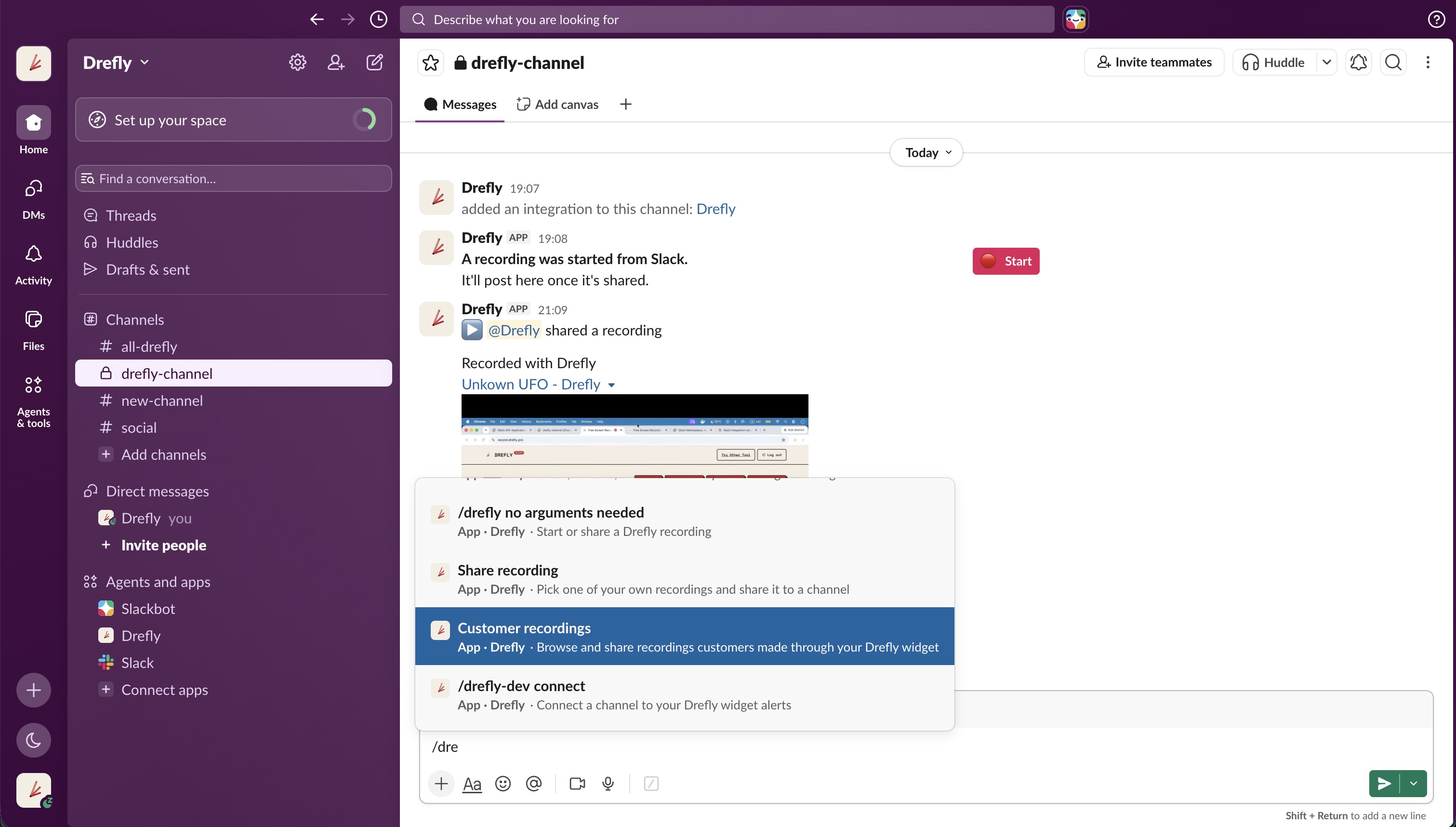 The Slack shortcuts lightning bolt menu showing Record, Share recording, Customer recordings, and Manage recordings