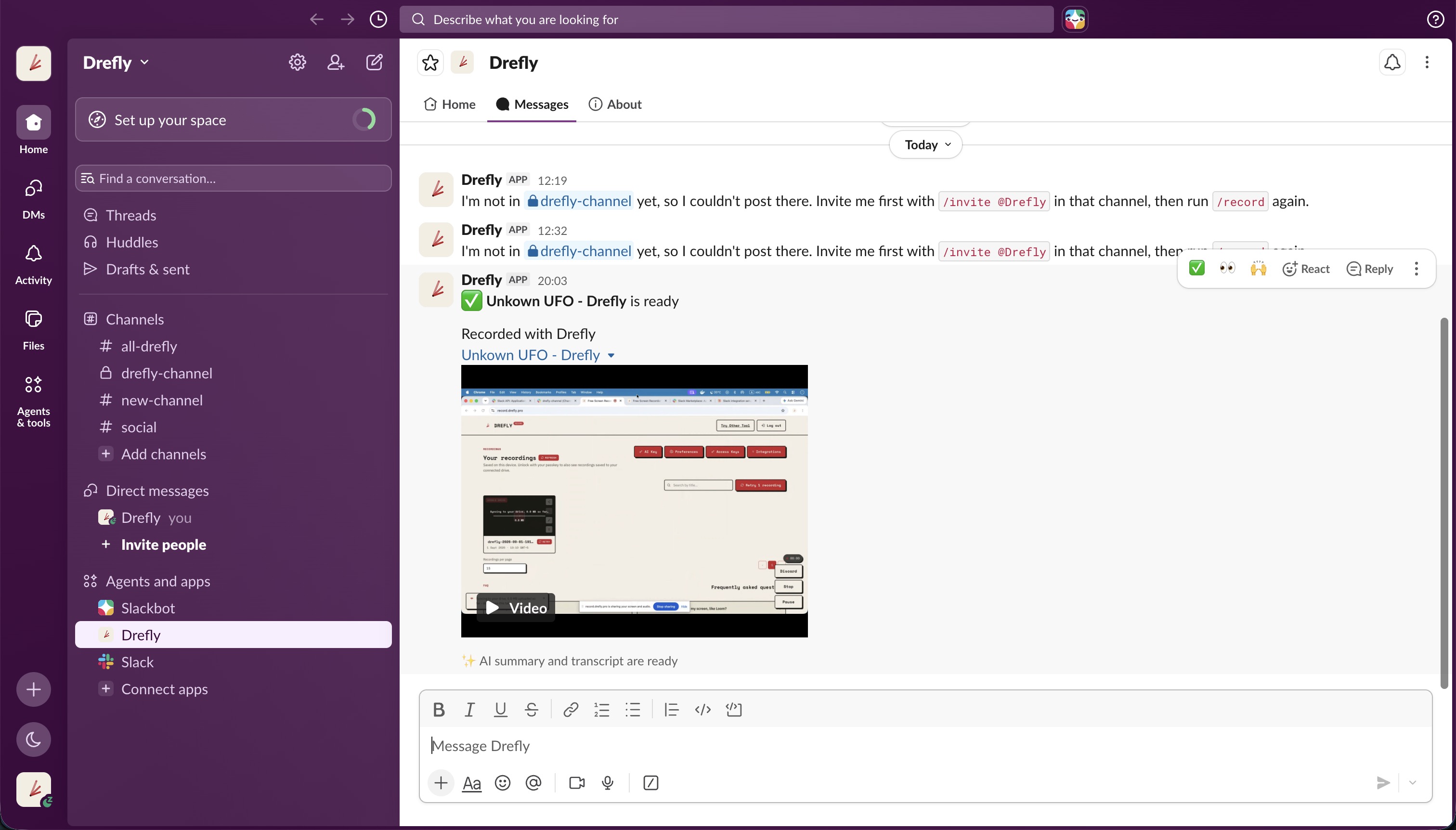 A record.drefly.pro link unfurled into a playable video preview inside Slack