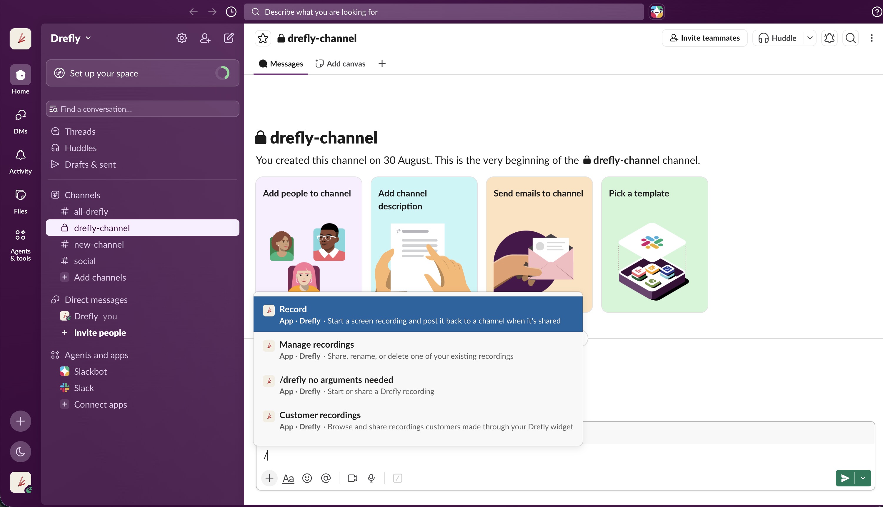 The /drefly slash command open in a Slack message box